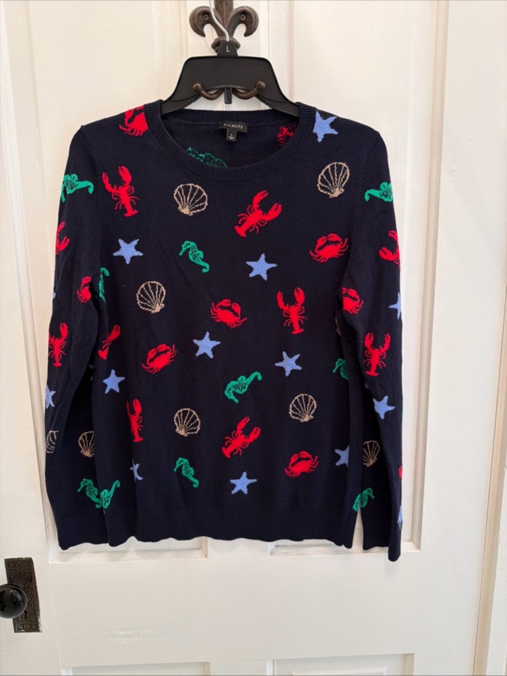 Talbots Summer Sweater Navy Blue BY THE SEA Pullover Lobster Nautical Ocean Lg